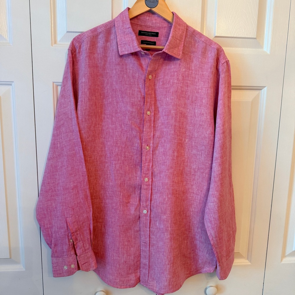 Banana Republic Pink 100% Linen Camden Standard Fit Button Down Shirt Large
